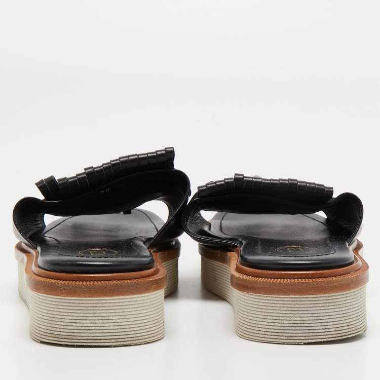 Pre Owned Tod's Black Leather Tassel Fringe Detail Platform Slide Sandals Size 38