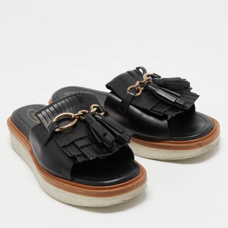Pre Owned Tod's Black Leather Tassel Fringe Detail Platform Slide Sandals Size 38
