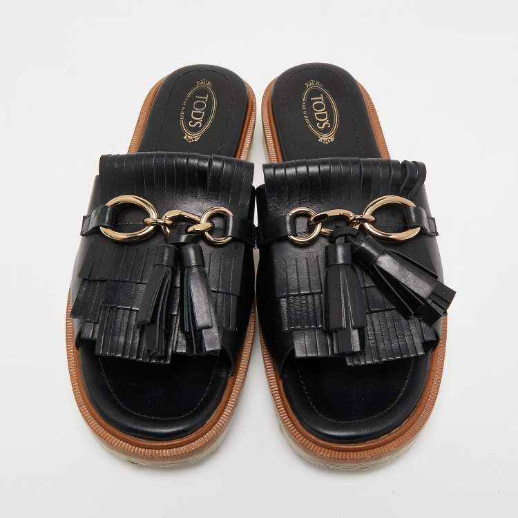 Pre Owned Tod's Black Leather Tassel Fringe Detail Platform Slide Sandals Size 38