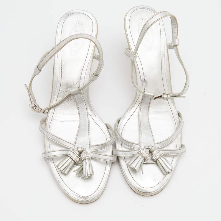 Pre Owned Tod's Silver Leather Embellished Tassel Ankle Strap Sandals Size 38.5