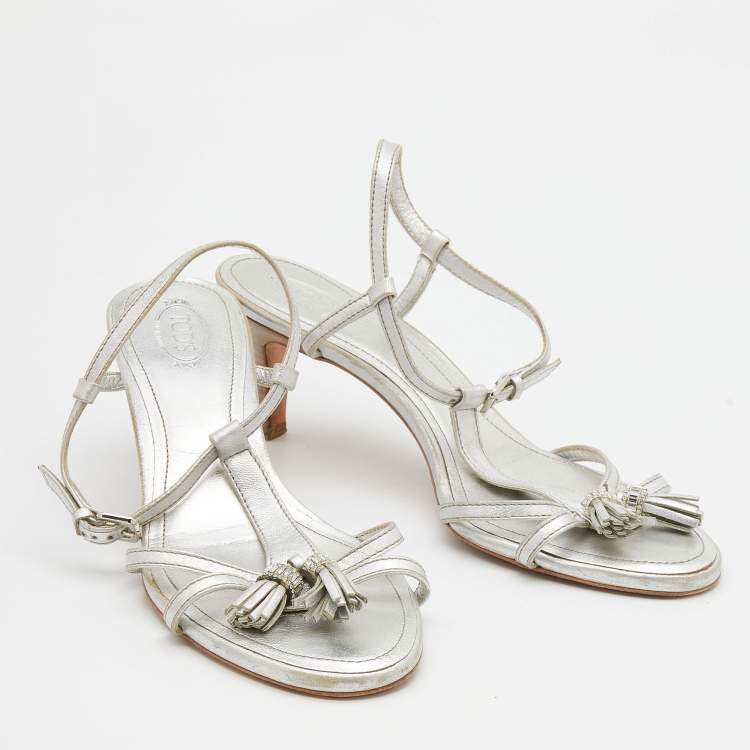 Pre Owned Tod's Silver Leather Embellished Tassel Ankle Strap Sandals Size 38.5