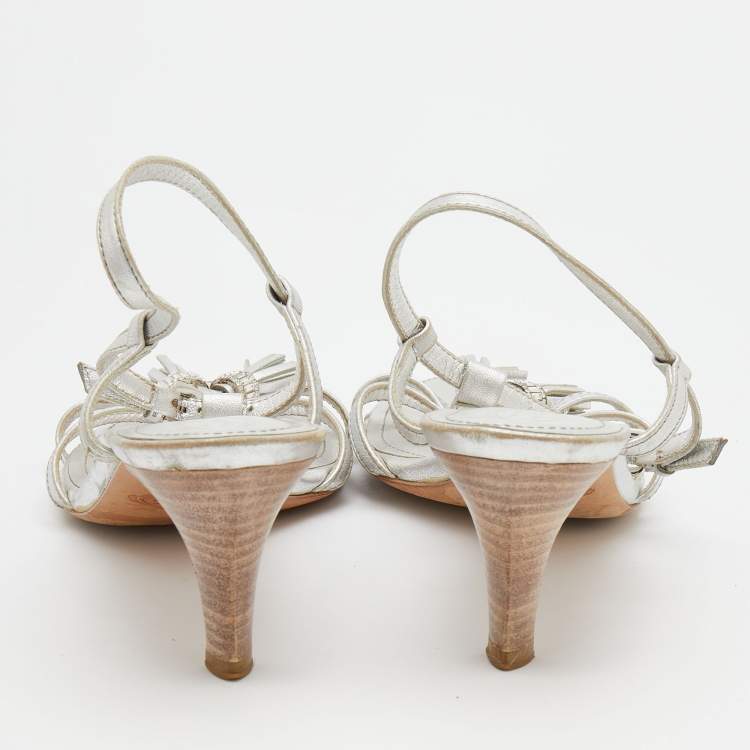 Pre Owned Tod's Silver Leather Embellished Tassel Ankle Strap Sandals Size 38.5