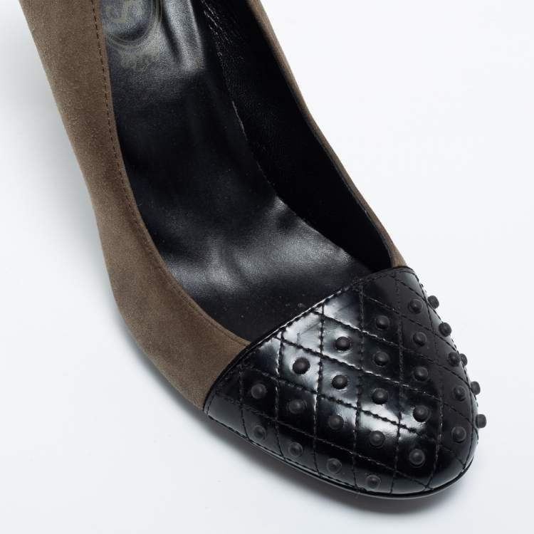 Pre Owned Tod's Black/Green Suede and Leather Cap Toe Pumps Size 39.5