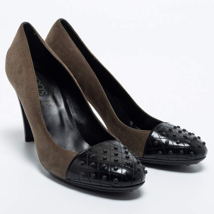 Pre Owned Tod's Black/Green Suede and Leather Cap Toe Pumps Size 39.5