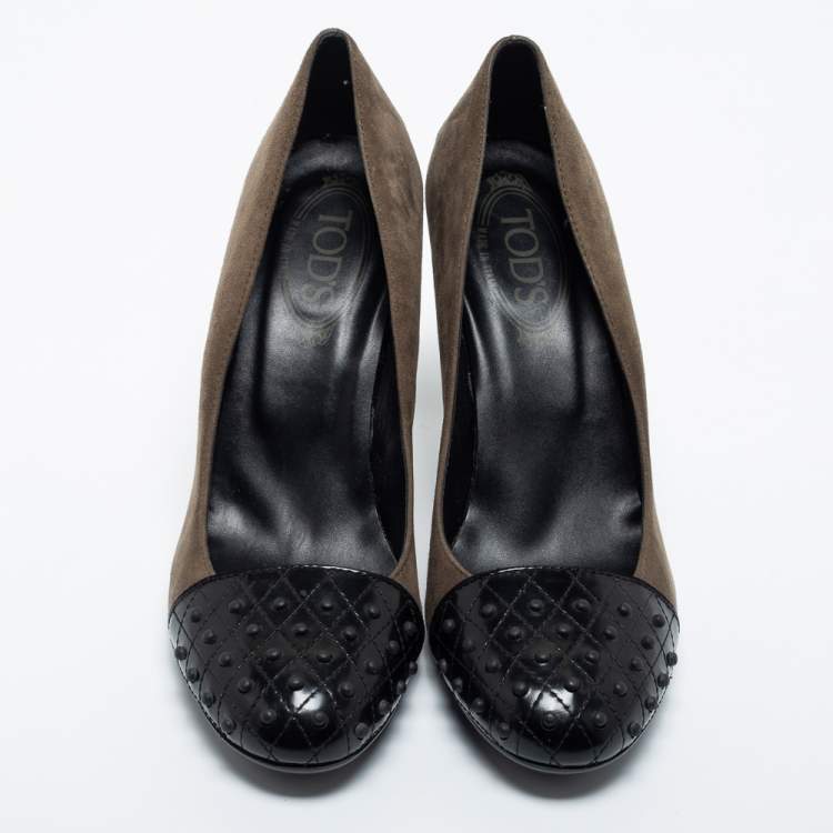 Pre Owned Tod's Black/Green Suede and Leather Cap Toe Pumps Size 39.5