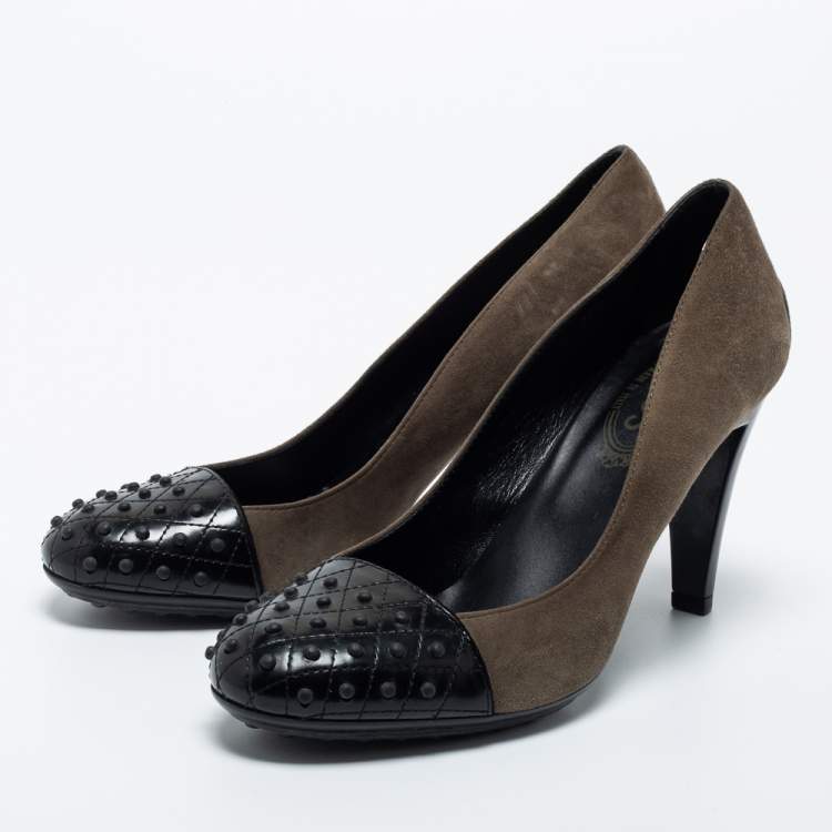 Pre Owned Tod's Black/Green Suede and Leather Cap Toe Pumps Size 39.5