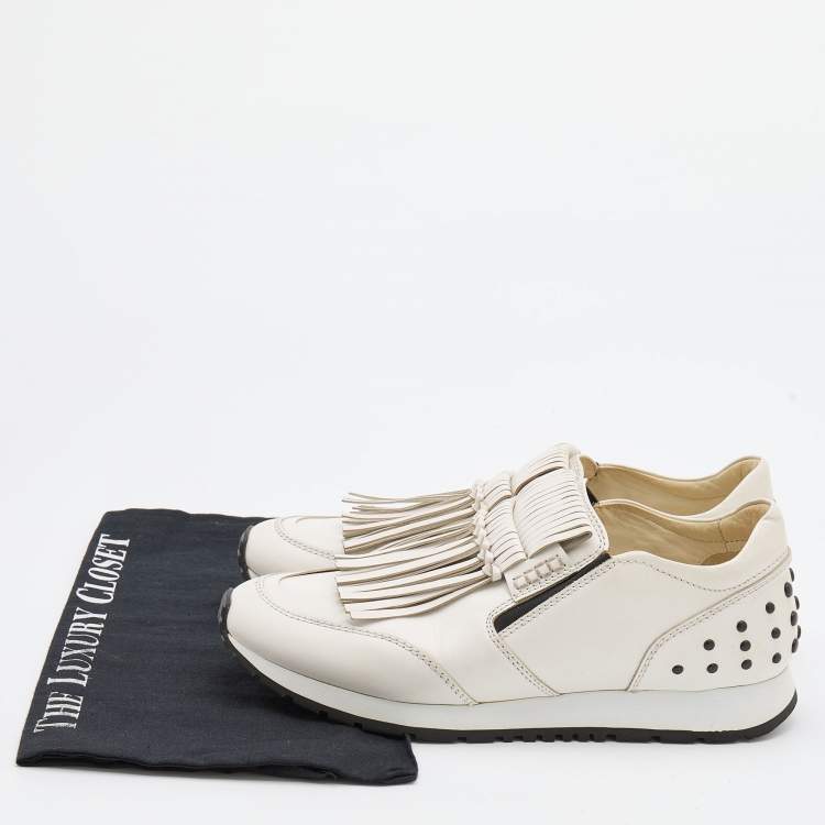 Pre Owned Tod's White Leather Fringe Slip On Sneakers Size 39 