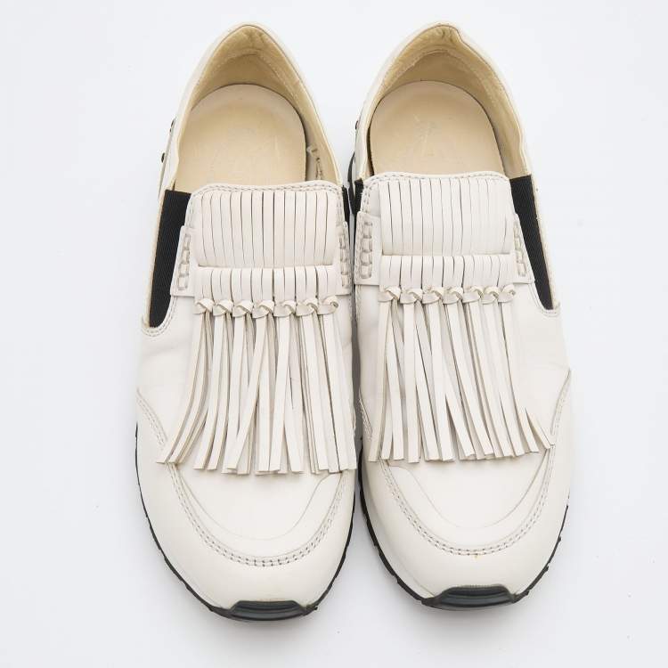 Pre Owned Tod's White Leather Fringe Slip On Sneakers Size 39 
