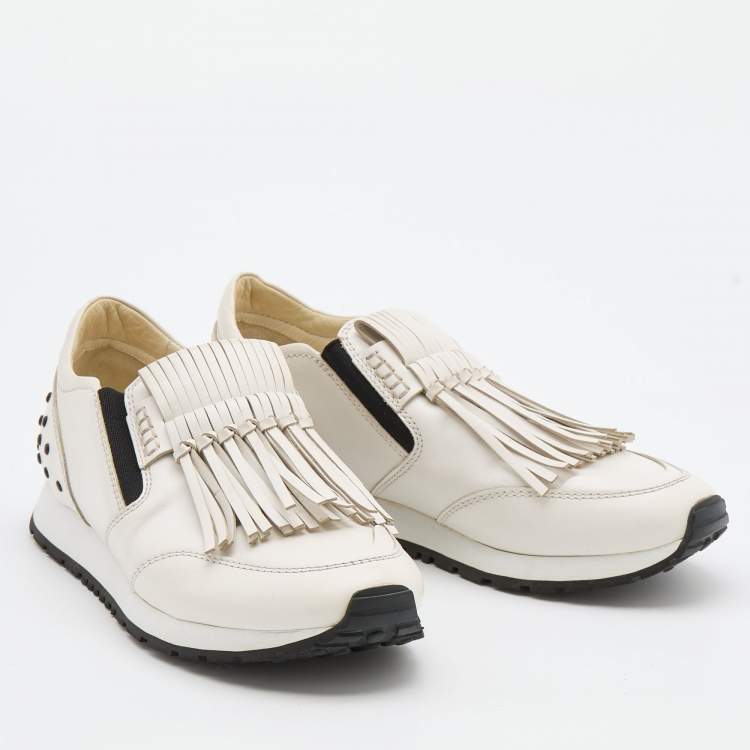 Pre Owned Tod's White Leather Fringe Slip On Sneakers Size 39 