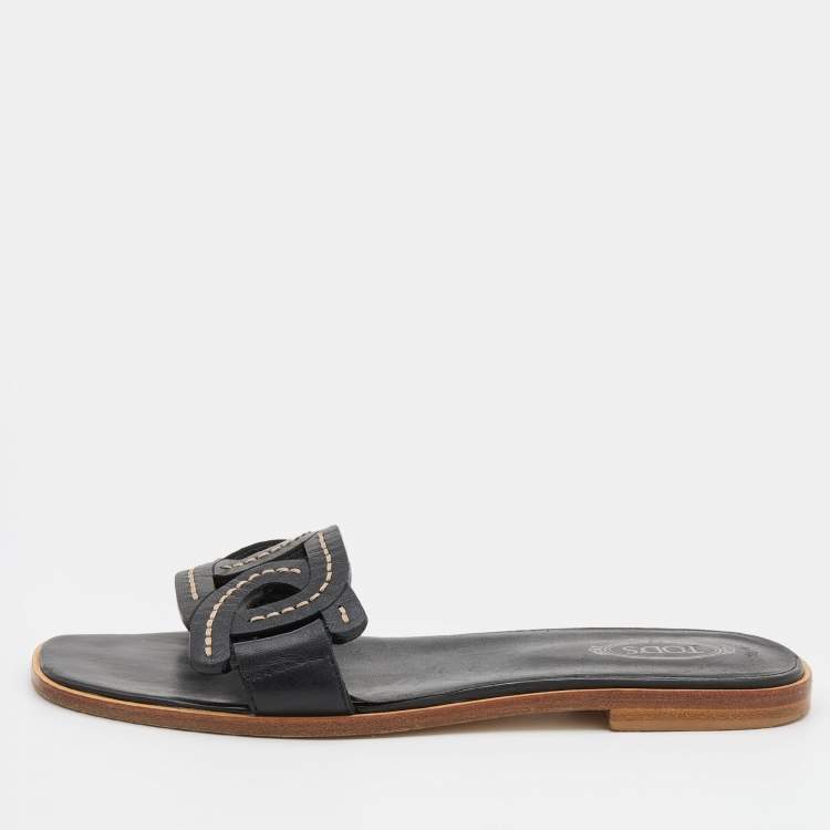 Pre Owned Tod's Black Leather Flat Slides Size 38