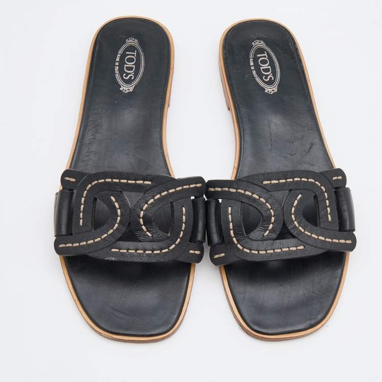 Pre Owned Tod's Black Leather Flat Slides Size 38