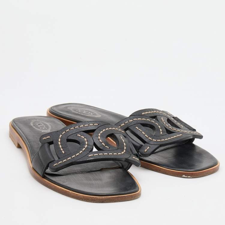 Pre Owned Tod's Black Leather Flat Slides Size 38