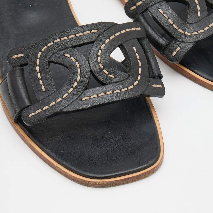 Pre Owned Tod's Black Leather Flat Slides Size 38
