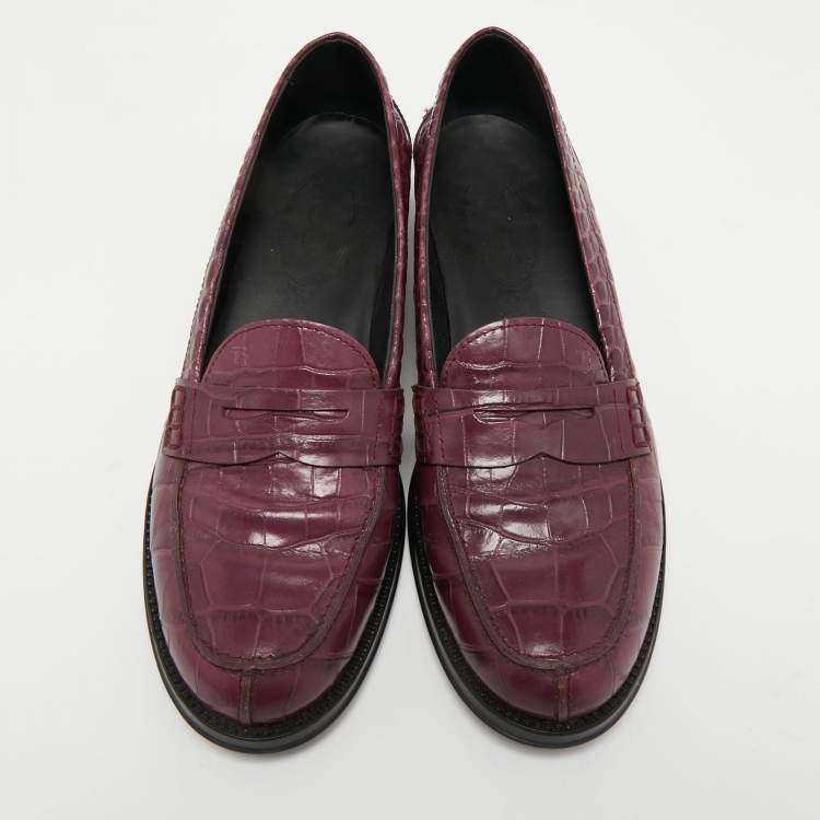 Pre Owned Tod's Purple Crocodile Slip On Loafers Size 38.5