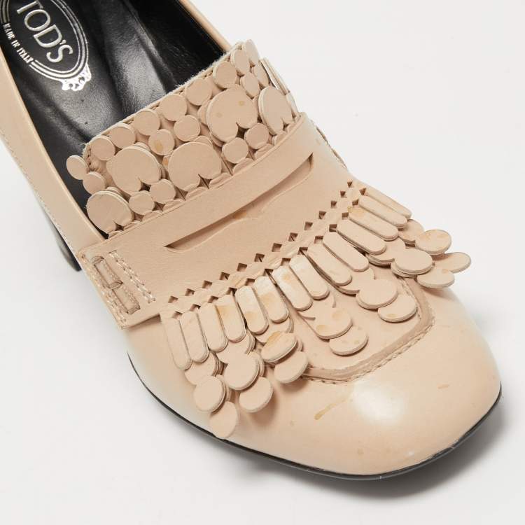 Pre Owned Tod's Beige Leather Fringe Loafer Pumps Size 37