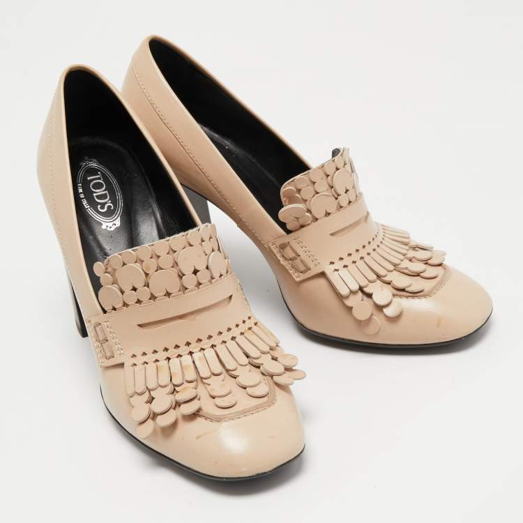 Pre Owned Tod's Beige Leather Fringe Loafer Pumps Size 37