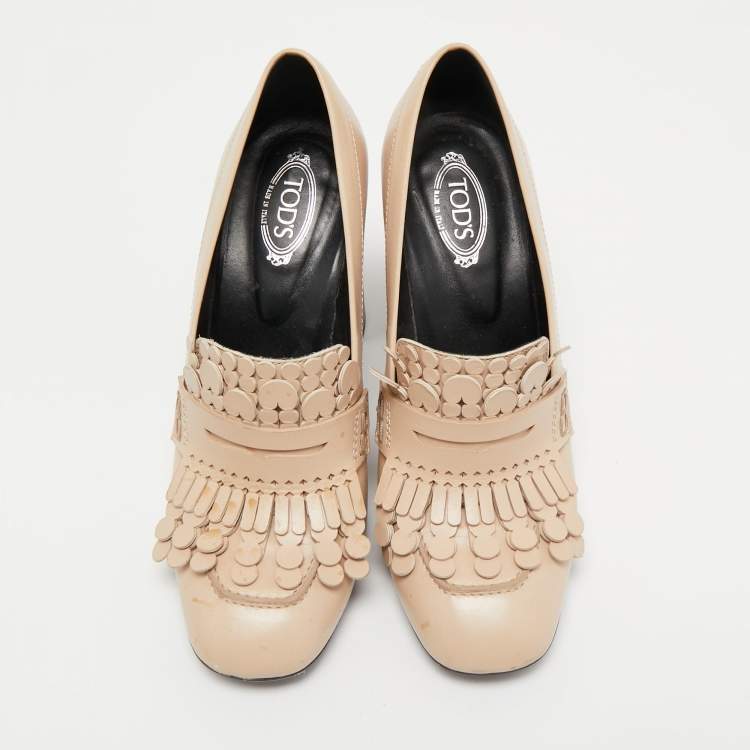 Pre Owned Tod's Beige Leather Fringe Loafer Pumps Size 37