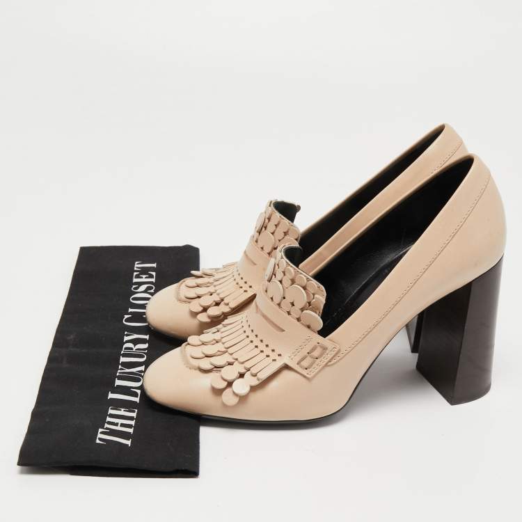 Pre Owned Tod's Beige Leather Fringe Loafer Pumps Size 37