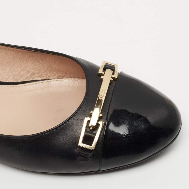 Pre Owned Tod's Black Patent and Leather Cap Toe Buckle Ballet Flats Size 41