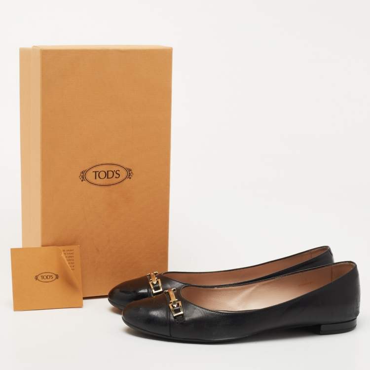 Pre Owned Tod's Black Patent and Leather Cap Toe Buckle Ballet Flats Size 41