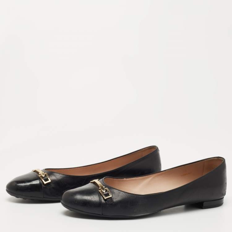 Pre Owned Tod's Black Patent and Leather Cap Toe Buckle Ballet Flats Size 41