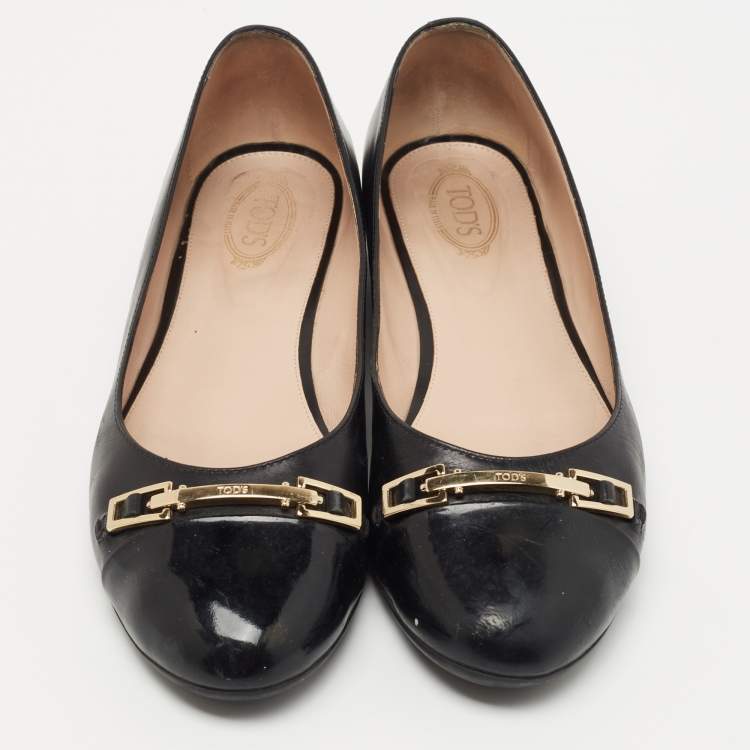 Pre Owned Tod's Black Patent and Leather Cap Toe Buckle Ballet Flats Size 41