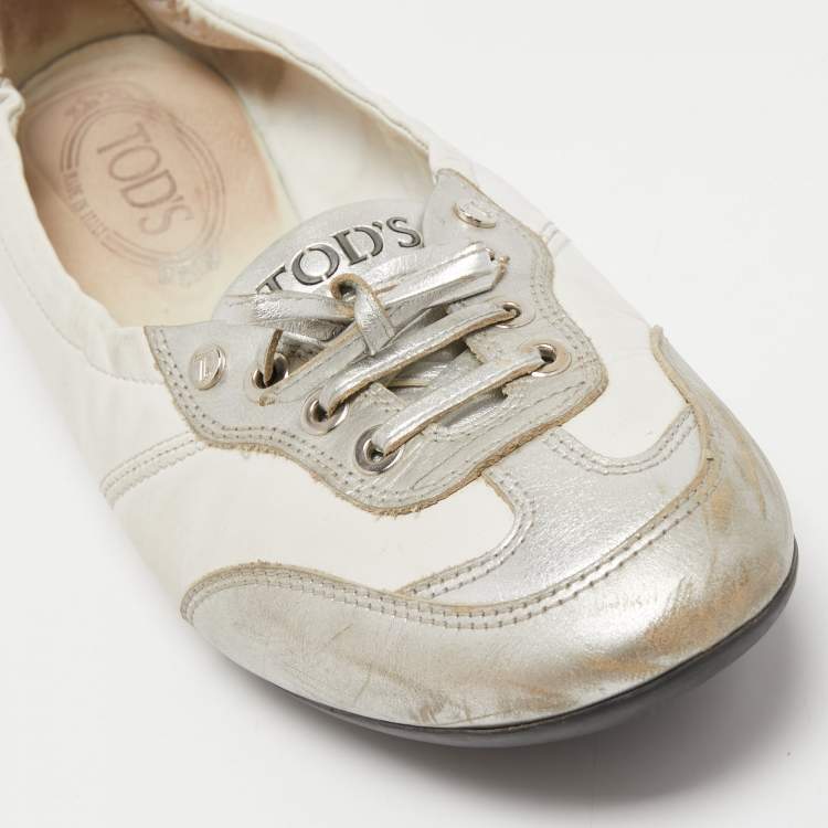 Pre Owned Tod's White/Silver Leather Gomma Lace Up Ballet Flats Size 40.5