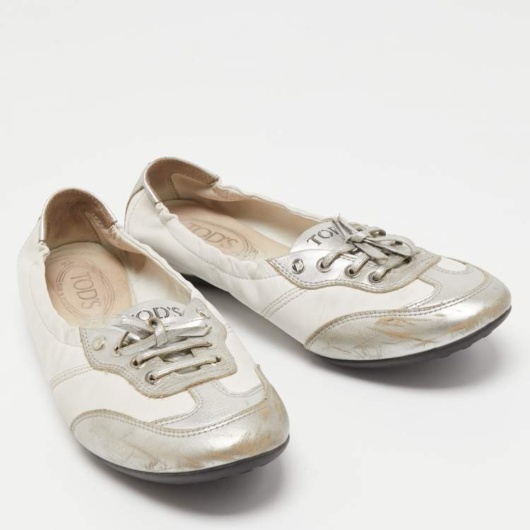 Pre Owned Tod's White/Silver Leather Gomma Lace Up Ballet Flats Size 40.5