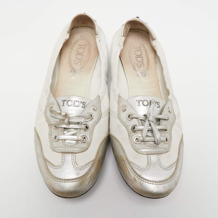 Pre Owned Tod's White/Silver Leather Gomma Lace Up Ballet Flats Size 40.5