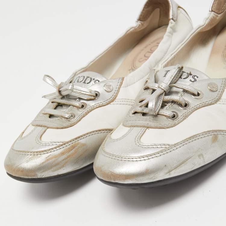 Pre Owned Tod's White/Silver Leather Gomma Lace Up Ballet Flats Size 40.5
