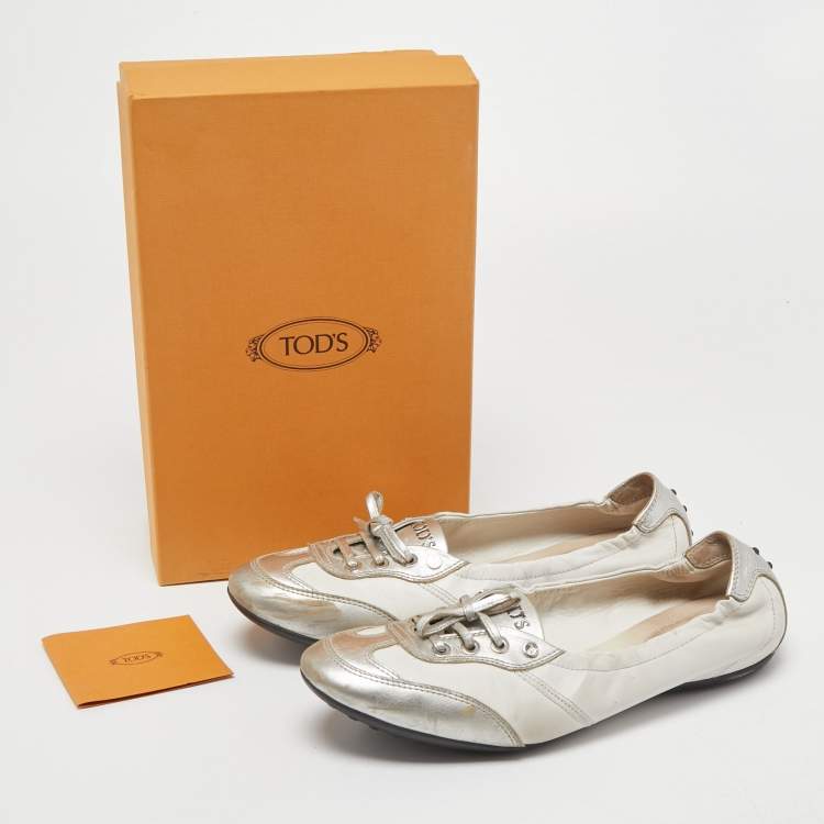 Pre Owned Tod's White/Silver Leather Gomma Lace Up Ballet Flats Size 40.5