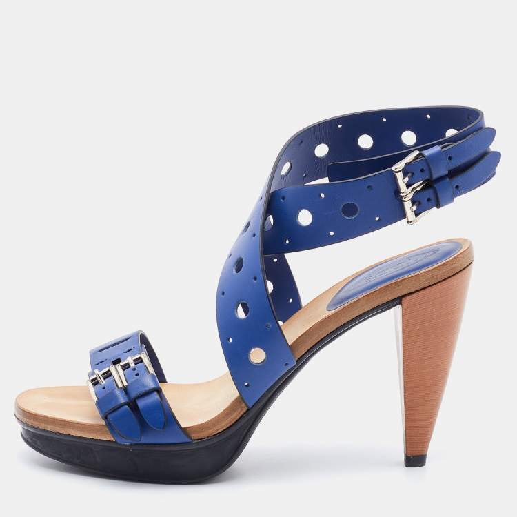 Pre Owned Tod's Blue Leather Perforated Platform Ankle Strap Sandals Size 37