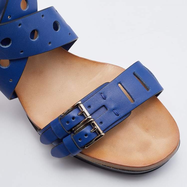 Pre Owned Tod's Blue Leather Perforated Platform Ankle Strap Sandals Size 37