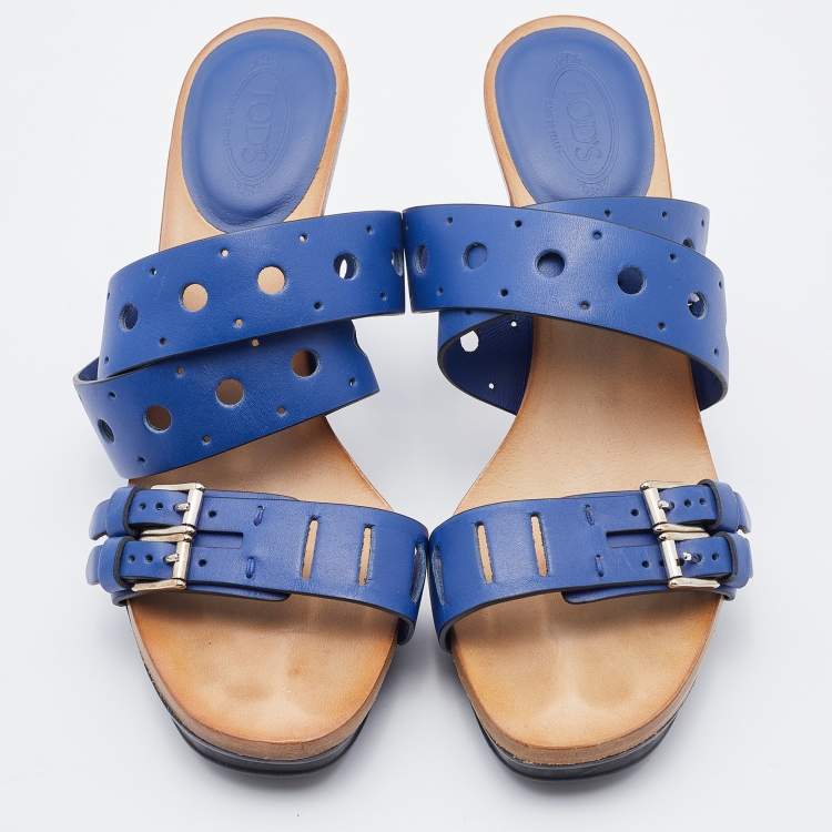 Pre Owned Tod's Blue Leather Perforated Platform Ankle Strap Sandals Size 37