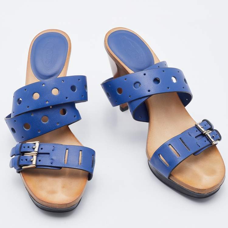Pre Owned Tod's Blue Leather Perforated Platform Ankle Strap Sandals Size 37