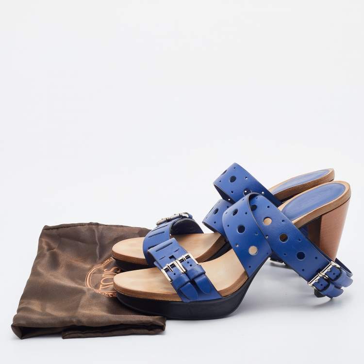 Pre Owned Tod's Blue Leather Perforated Platform Ankle Strap Sandals Size 37