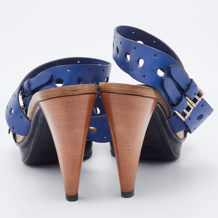 Pre Owned Tod's Blue Leather Perforated Platform Ankle Strap Sandals Size 37