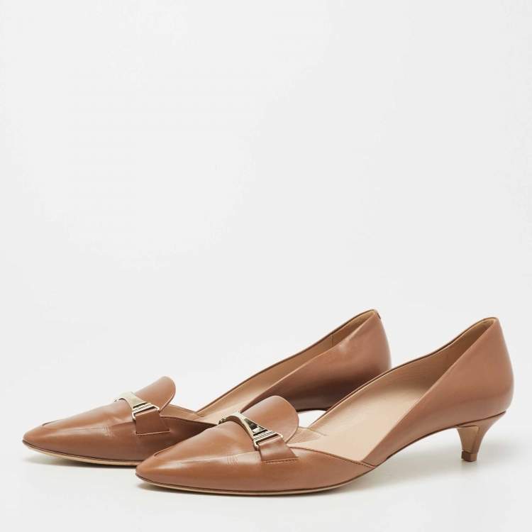 Pre Owned Tod's Brown Leather Pointed-Toe Loafer Pumps  Size 39.5