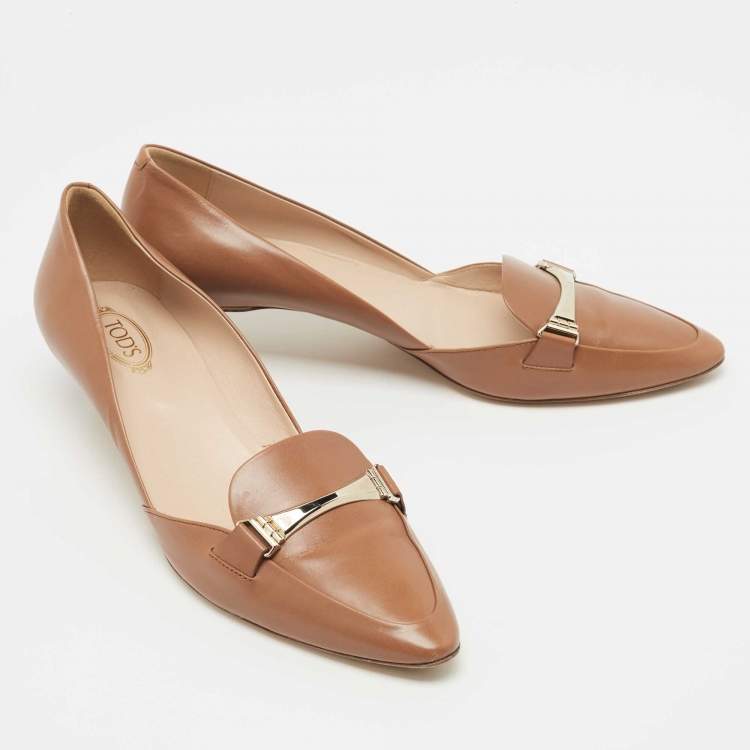 Pre Owned Tod's Brown Leather Pointed-Toe Loafer Pumps  Size 39.5