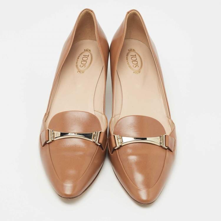 Pre Owned Tod's Brown Leather Pointed-Toe Loafer Pumps  Size 39.5