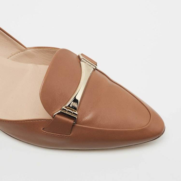 Pre Owned Tod's Brown Leather Pointed-Toe Loafer Pumps  Size 39.5