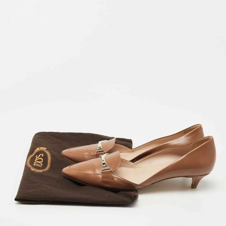 Pre Owned Tod's Brown Leather Pointed-Toe Loafer Pumps  Size 39.5