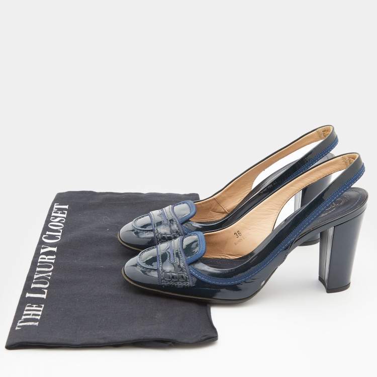 Pre Owned Tod's Navy Blue Patent Leather Loafers Slingback Pumps Size 36