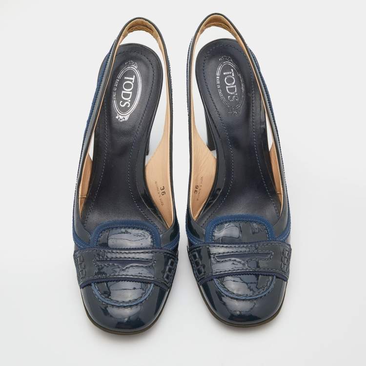 Pre Owned Tod's Navy Blue Patent Leather Loafers Slingback Pumps Size 36