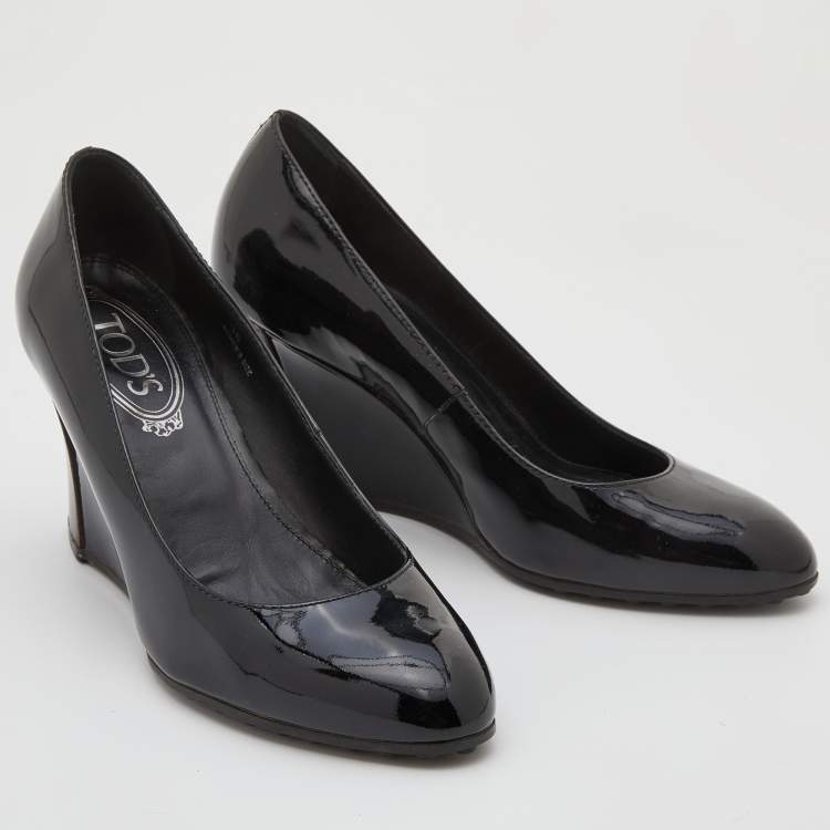 Pre Owned Tod's Black Patent Leather Round Toe Wedge Pumps Size 36