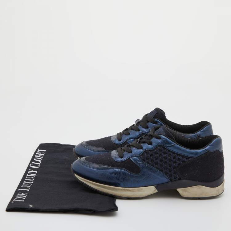 Pre Owned Tod's Navy Blue/Black Leather and Mesh Low Top Sneakers Size 37.5