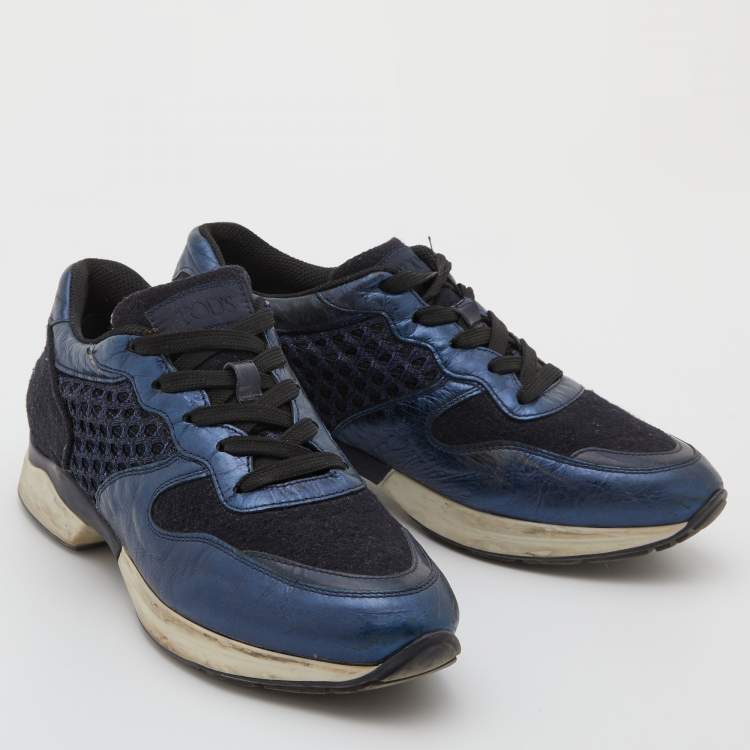 Pre Owned Tod's Navy Blue/Black Leather and Mesh Low Top Sneakers Size 37.5