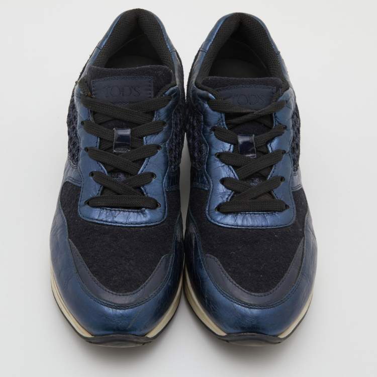 Pre Owned Tod's Navy Blue/Black Leather and Mesh Low Top Sneakers Size 37.5