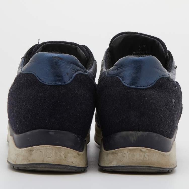 Pre Owned Tod's Navy Blue/Black Leather and Mesh Low Top Sneakers Size 37.5