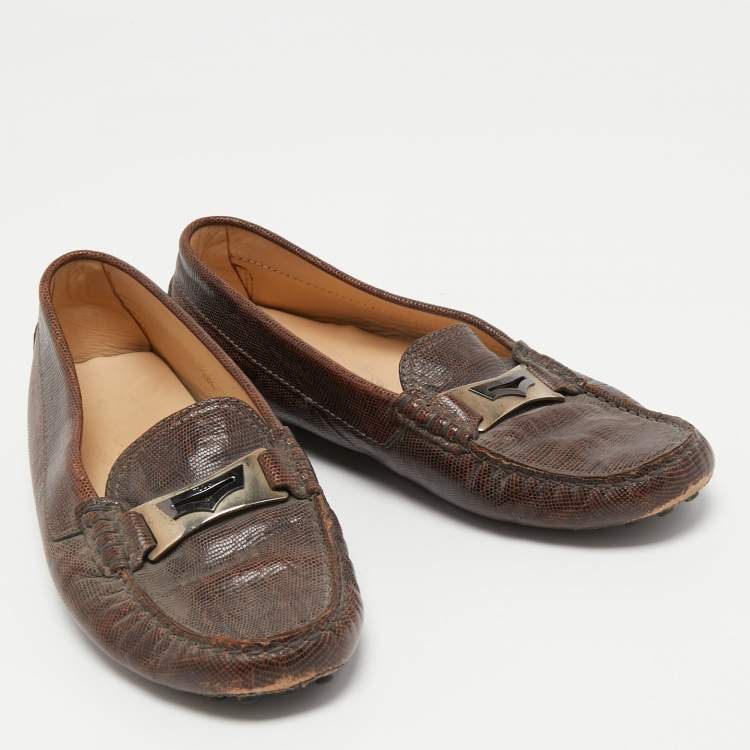 Pre Owned Tod's Dark Brown Lizard Embossed Leather Driver Loafers Size 37.5